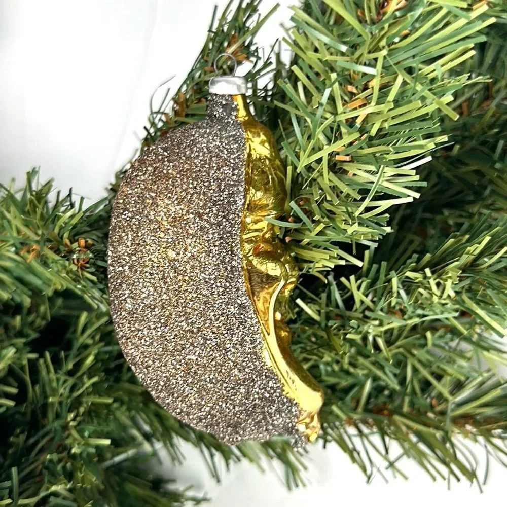 Blown Glass Christmas Ornament Shimmering Crescent Moon Face Gold  Germany Vtg